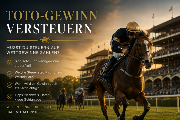 Rennpferd mit Jockey auf der Galopprennbahn und Titelgrafik zum Thema Toto-Gewinn versteuern und Steuern auf Wettgewinne.