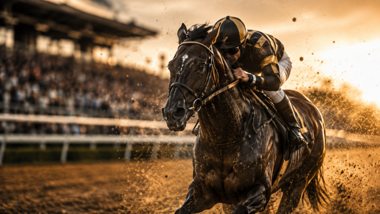 Stutenerlaubnis Galopp – Ein Rennpferd mit Jockey auf einer Galopprennbahn, Symbol für die Stutenerlaubnis Galopp und den Rennsport.